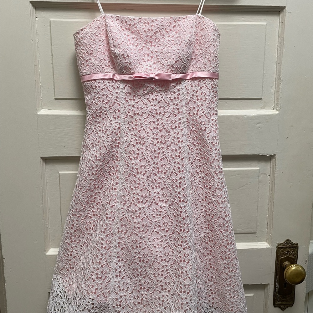 Betsy & Adam by Linda Bernell Pink Lace Party Dress with Satin Ribbon